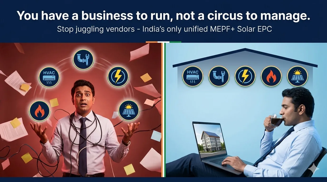 You have a business to run, not a circus to manage — stop juggling vendors. India's only unified MEPF + Solar EPC.