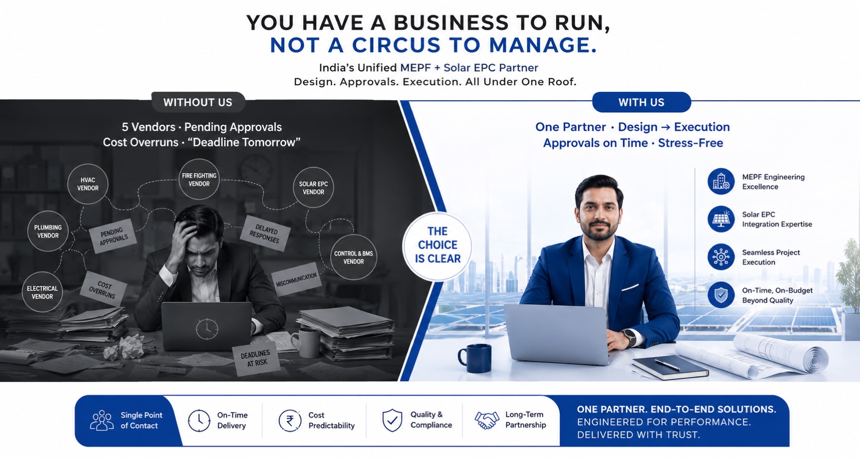 You have a business to run, not a circus to manage. Without us: five vendors, pending approvals, cost overruns, missed deadlines. With Secured Engineers Pvt. Ltd.: one partner, design to execution, approvals on time, stress-free.