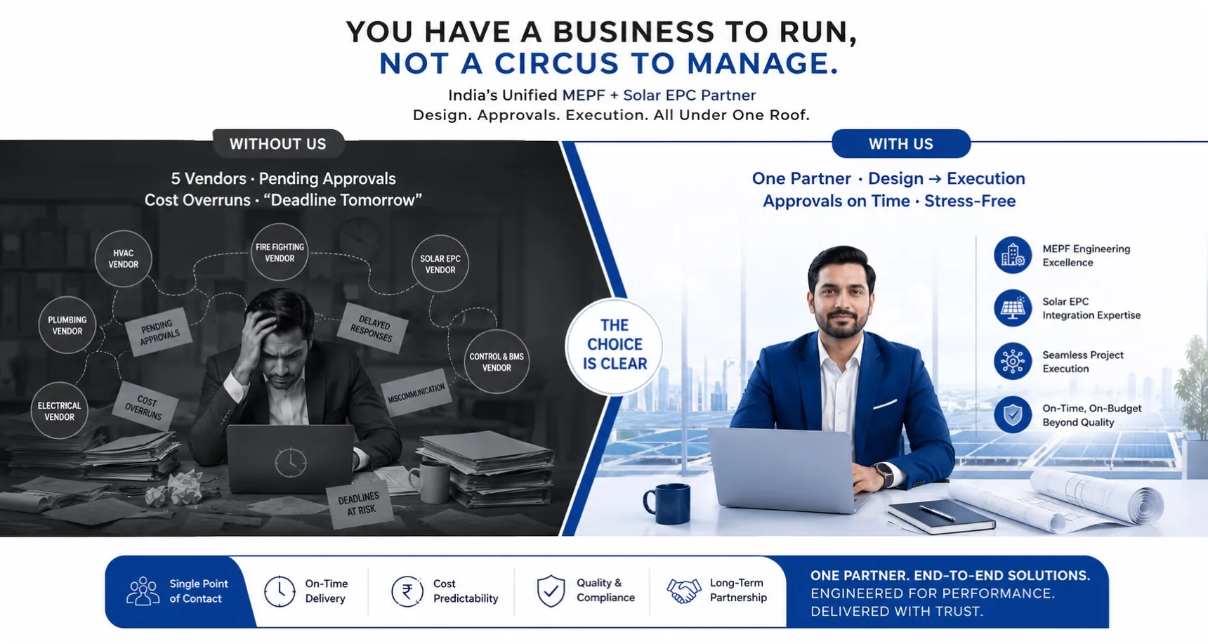 You have a business to run, not a circus to manage. Without us: five vendors, pending approvals, cost overruns, missed deadlines. With Secured Engineers Pvt. Ltd.: one partner, design to execution, approvals on time, stress-free.