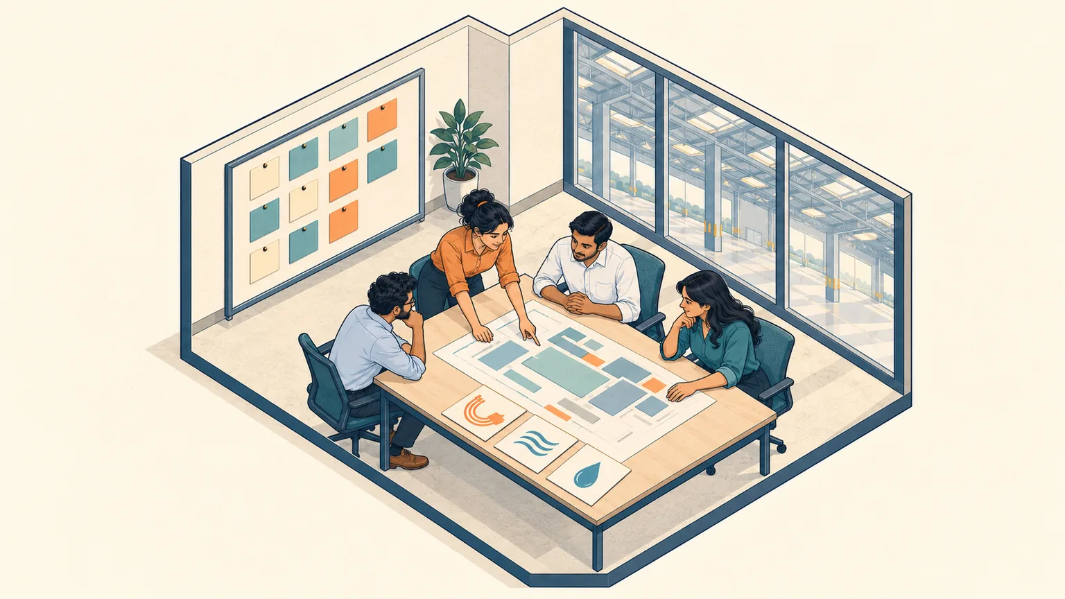 Engineers discuss a fictional factory plan in an isometric planning studio.