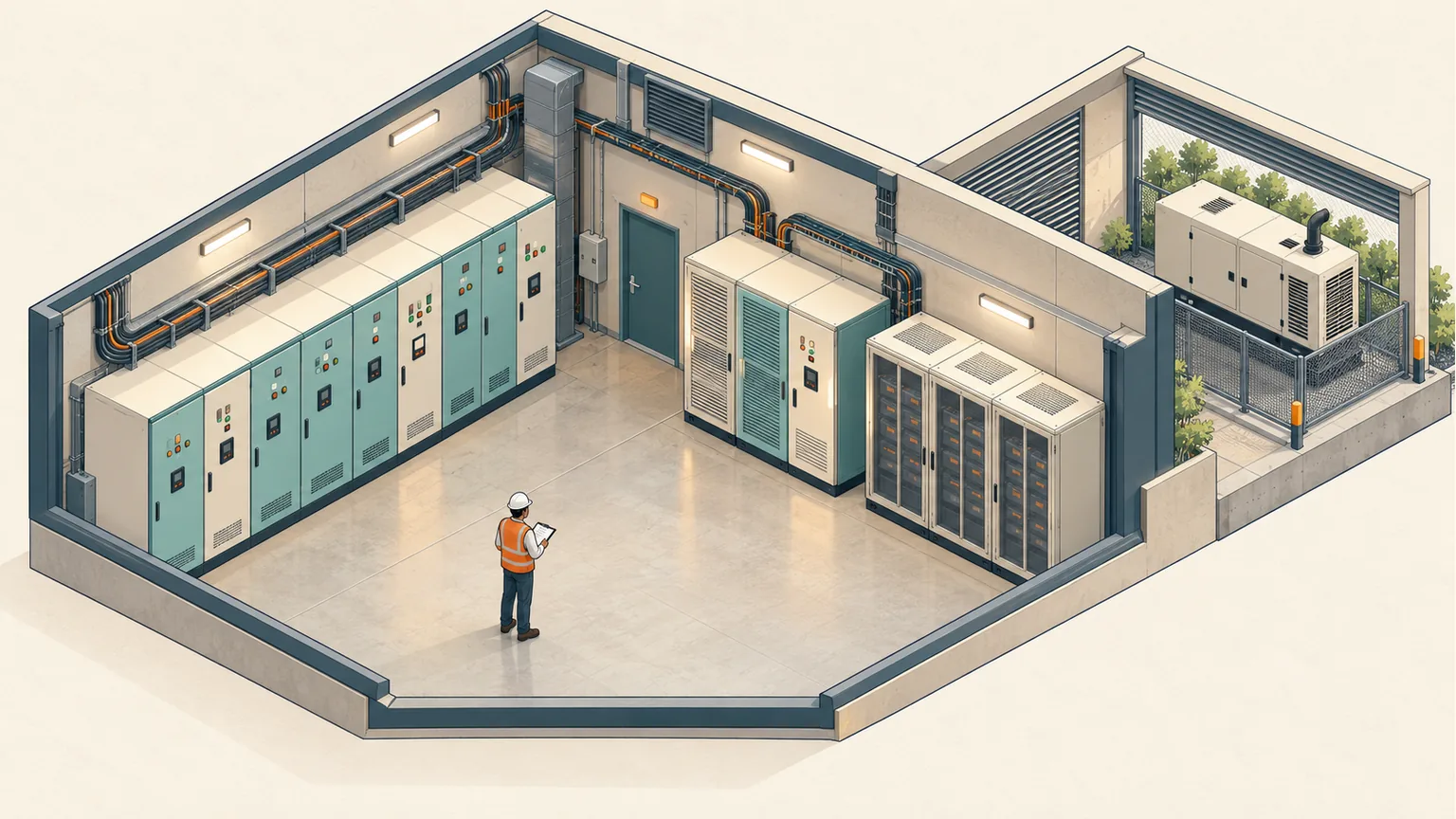 Conceptual electrical room with enclosed switchboards and backup equipment.