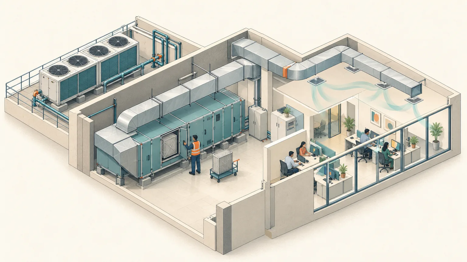 Isometric cooling and air-handling equipment connected to occupied spaces.