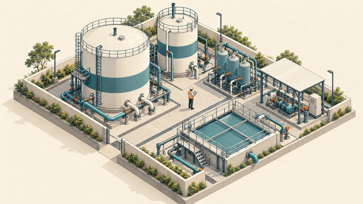 Fictional treatment courtyard with separate tanks, pipe loops and maintenance walkways.