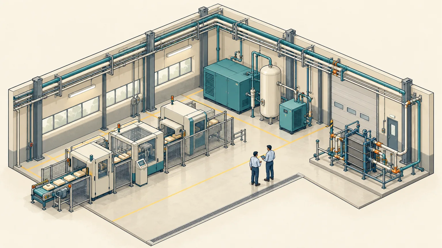 Generic manufacturing plant with compressed-air equipment and a heat exchanger.