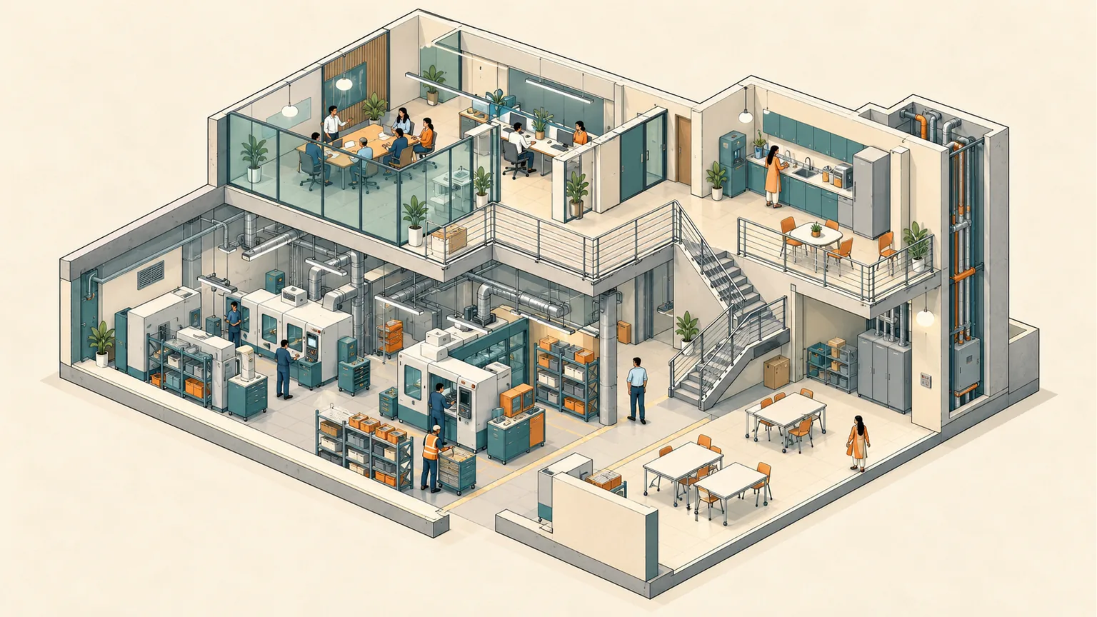 Fictional mixed-use building with meeting rooms, kitchen and industrial work areas.