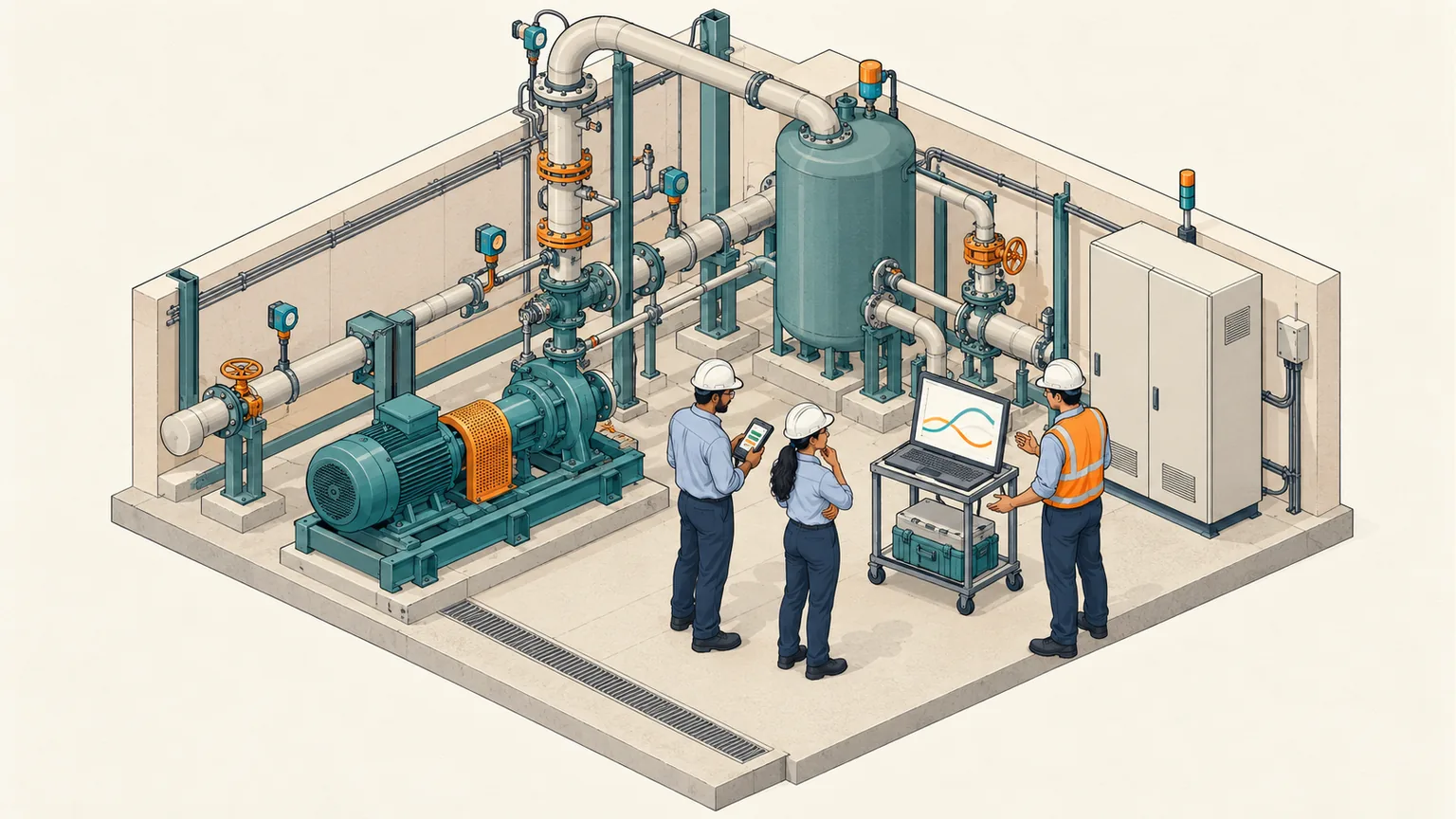 Engineers observe conceptual plant tests with meters, sensors and abstract trends.