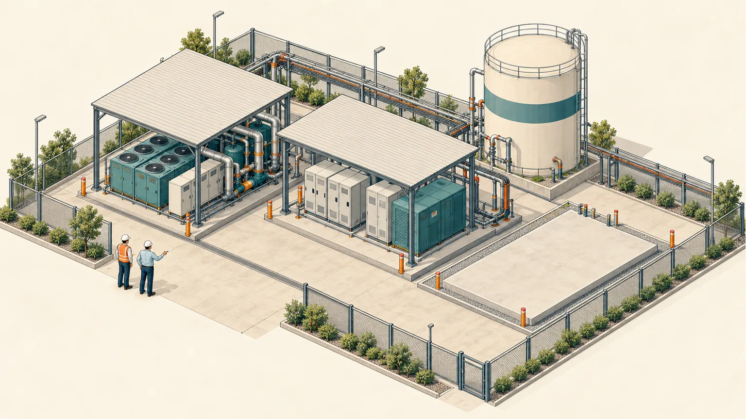 Modular utility plant with protected equipment, storage and an empty expansion bay.