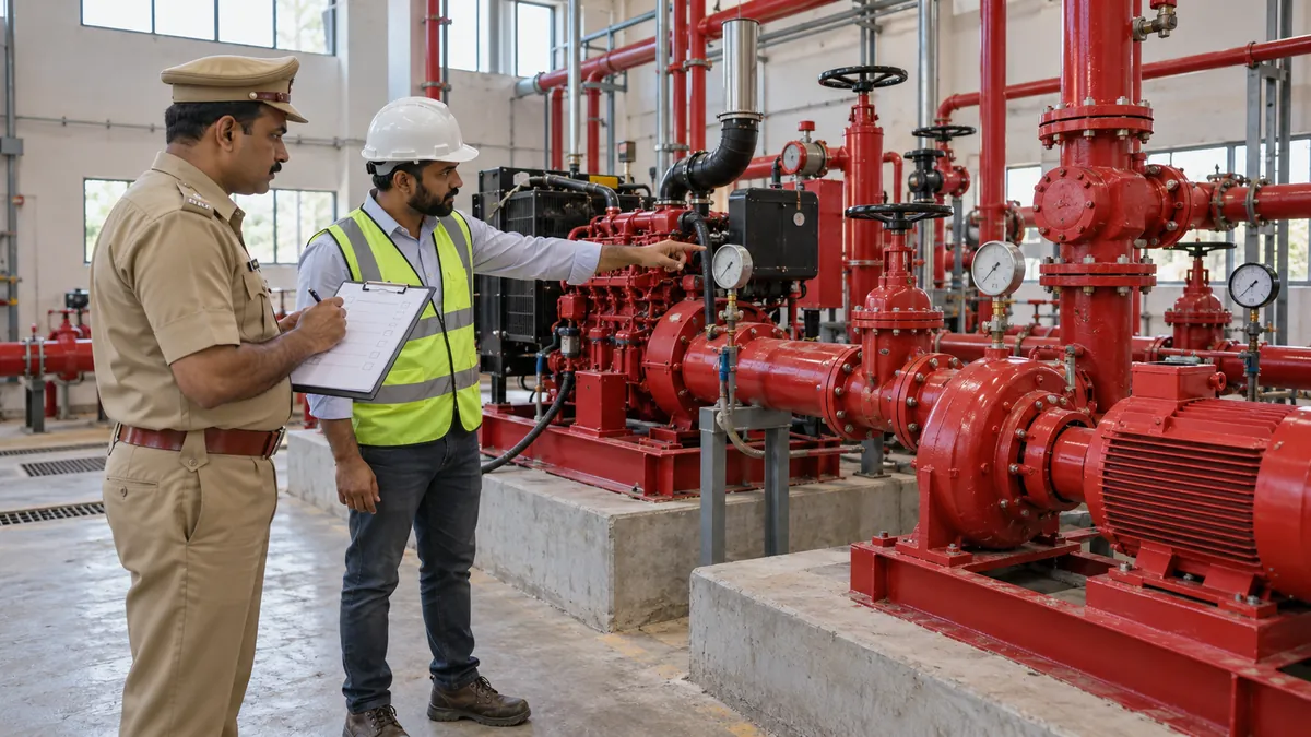 A State Fire Service officer and a site engineer inspect a factory fire pump room — fire pumps, gauges and hydrant pipework — before a Fire NOC is issued