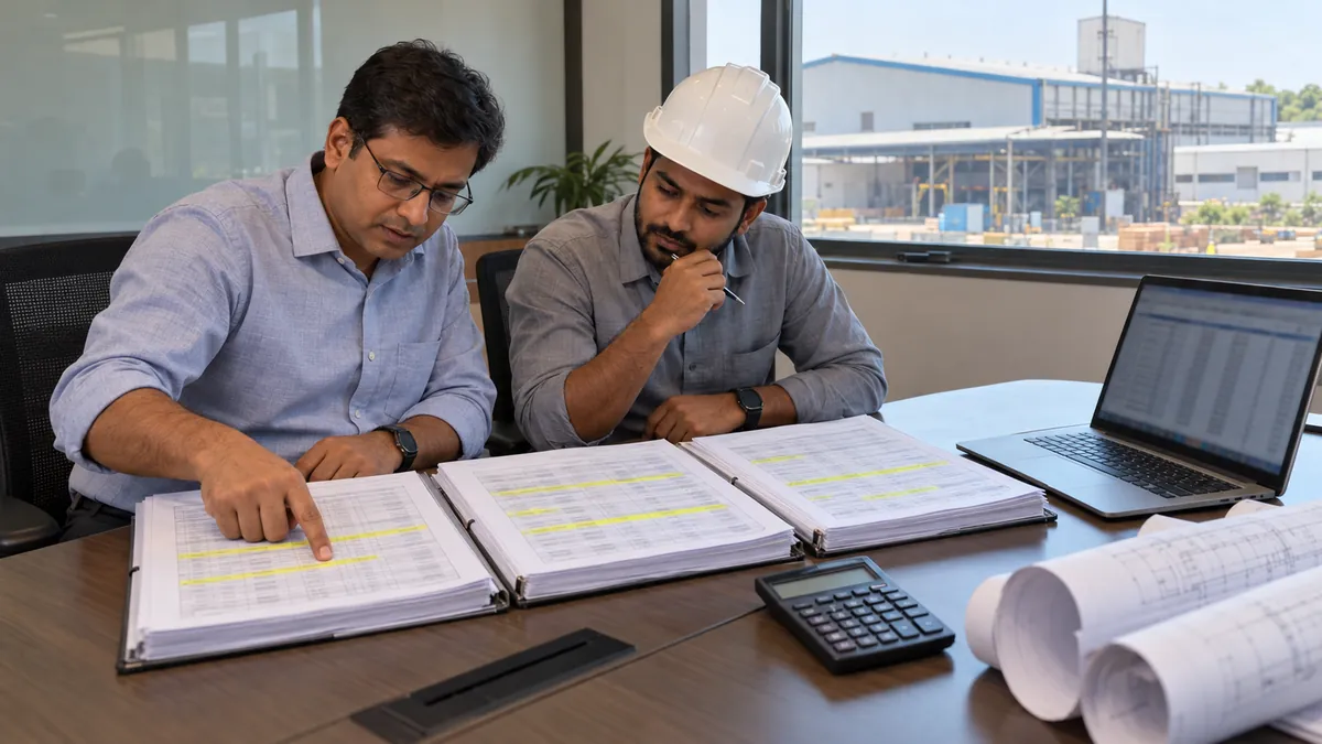 A procurement manager and a project engineer compare three printed contractor quotations side by side with a calculator and a comparison spreadsheet