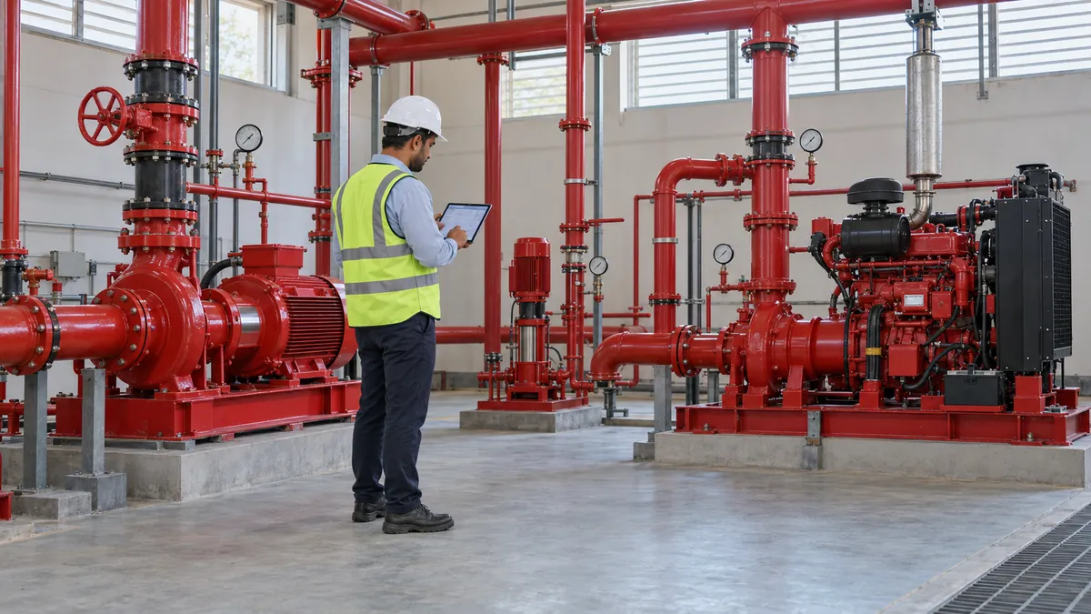 An engineer compares the electric, diesel and jockey pumps in a factory fire pump room against a quotation on a tablet