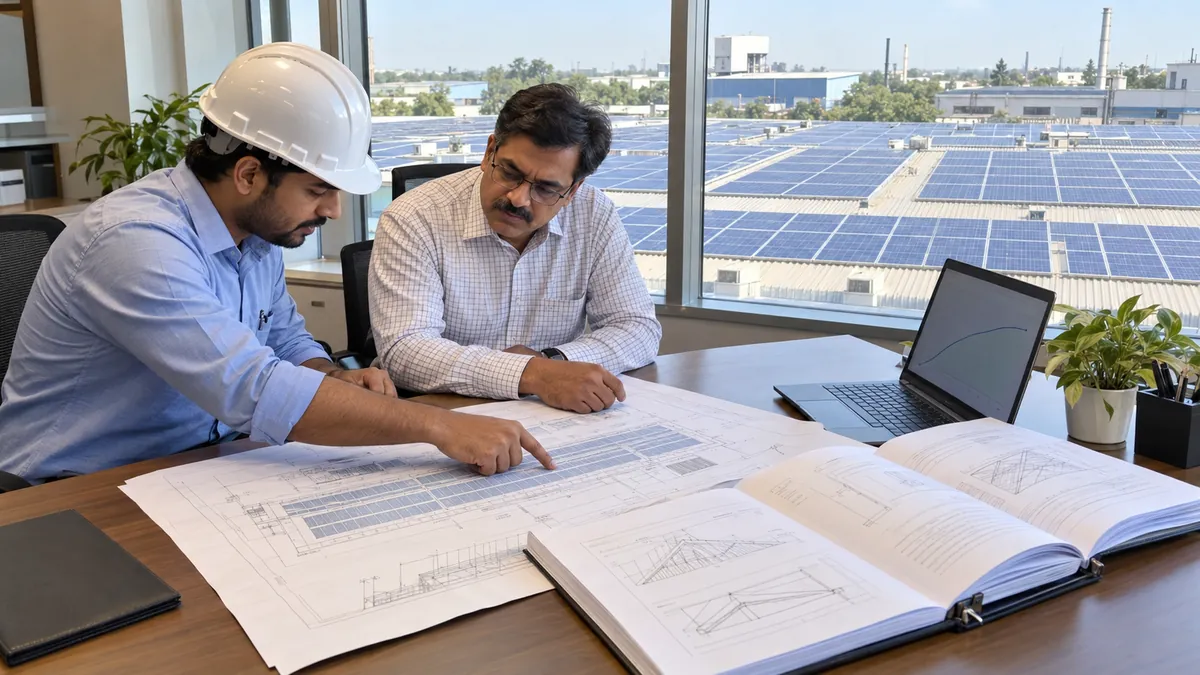 An engineer reviews a rooftop solar layout drawing and a contractor's proposal, with the factory's solar array visible outside