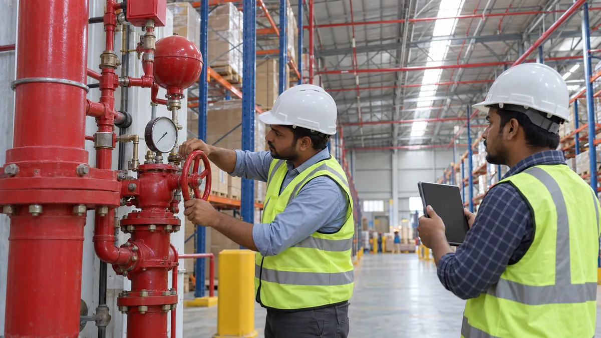 A fire protection engineer opens a sprinkler control valve and reads its pressure gauge in a warehouse while a colleague records the test on a tablet