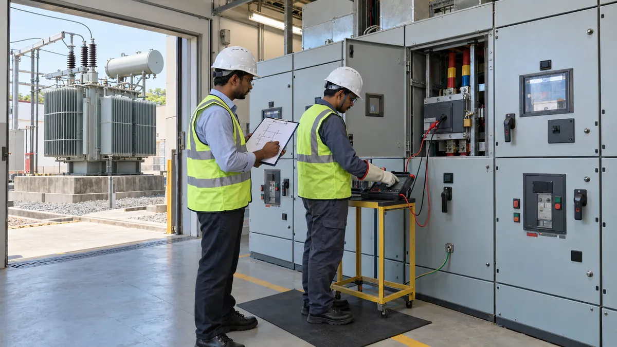 An electrical engineer runs an insulation resistance test on an LT switchboard feeder while a supervisor checks the single-line diagram