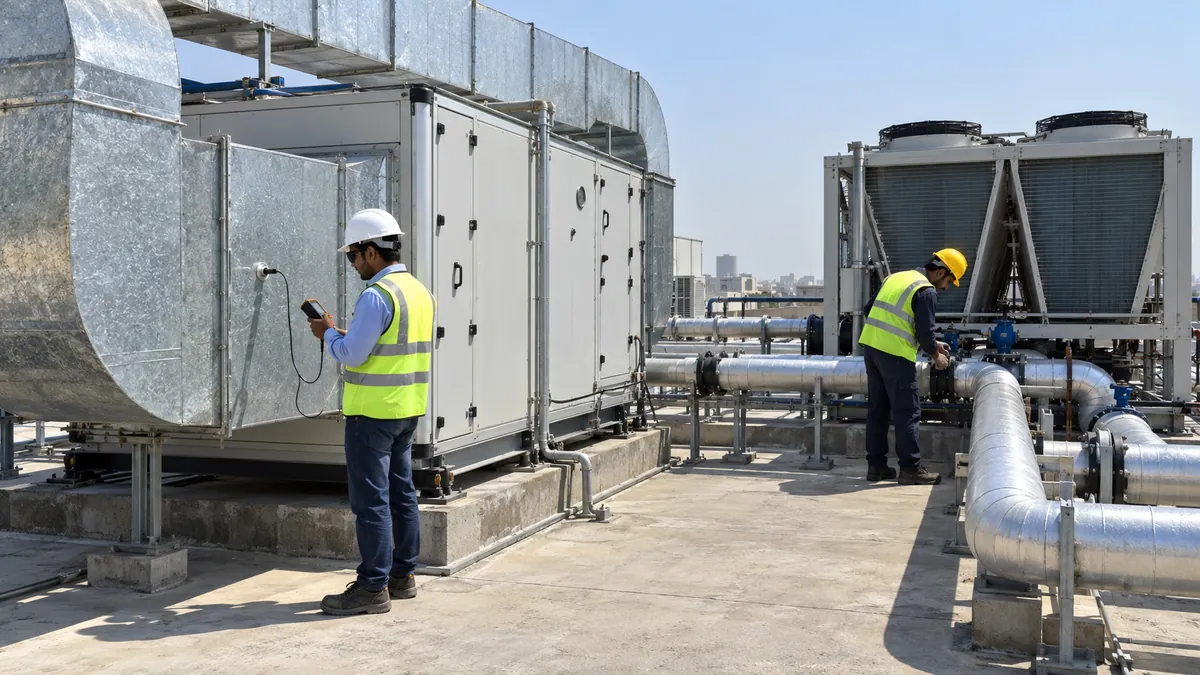 An HVAC engineer takes a reading at an air handling unit on a factory roof while a technician checks the chiller and chilled-water pipework