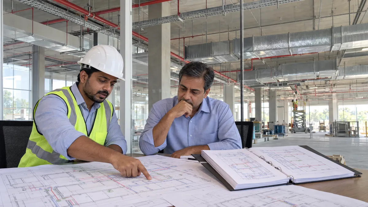 A factory owner and an MEP project engineer review MEP drawings and a contractor's project file in a site office, with cable trays, ducting and sprinkler pipes going in behind them