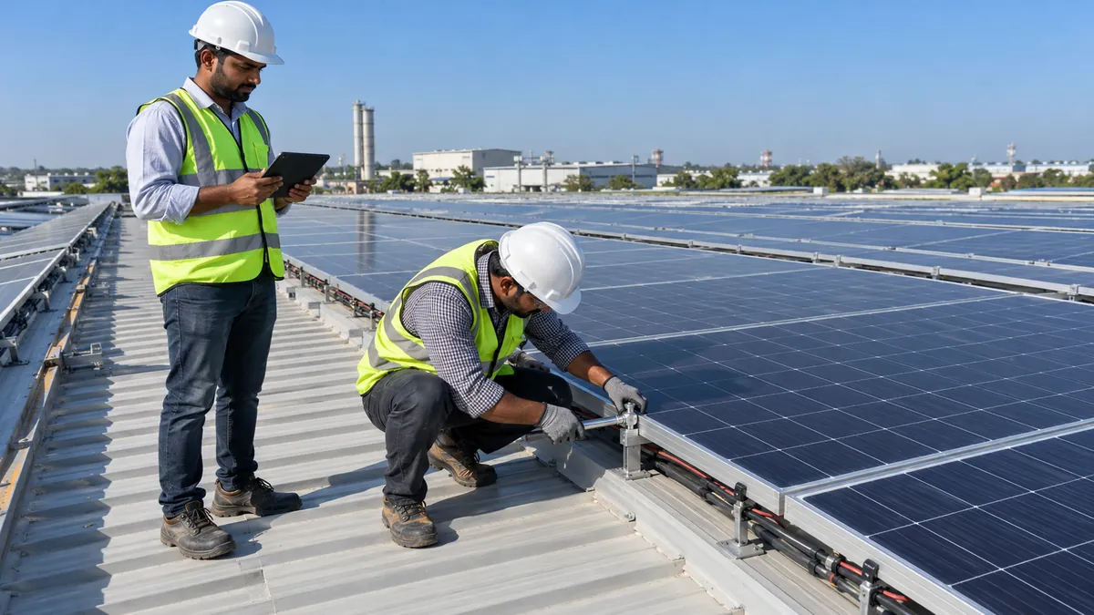 Two engineers check module clamps and the mounting structure of a rooftop solar array on a factory roof