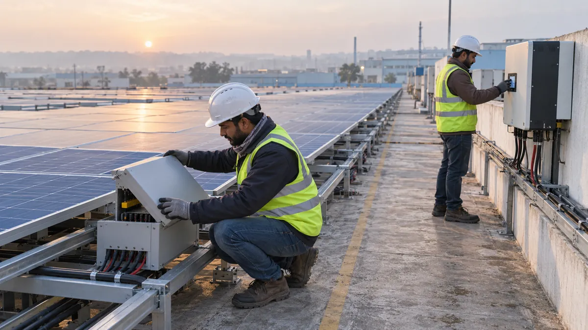 Engineers checking the commissioning of a rooftop solar array on a factory roof with a calendar deadline in mind