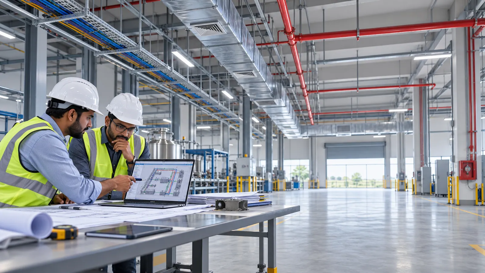 Two engineers in hard hats and high-visibility vests review a services layout on a laptop at a workbench inside a new factory hall, with cable trays, ventilation ducts and red fire-service pipes run on separate routes overhead.