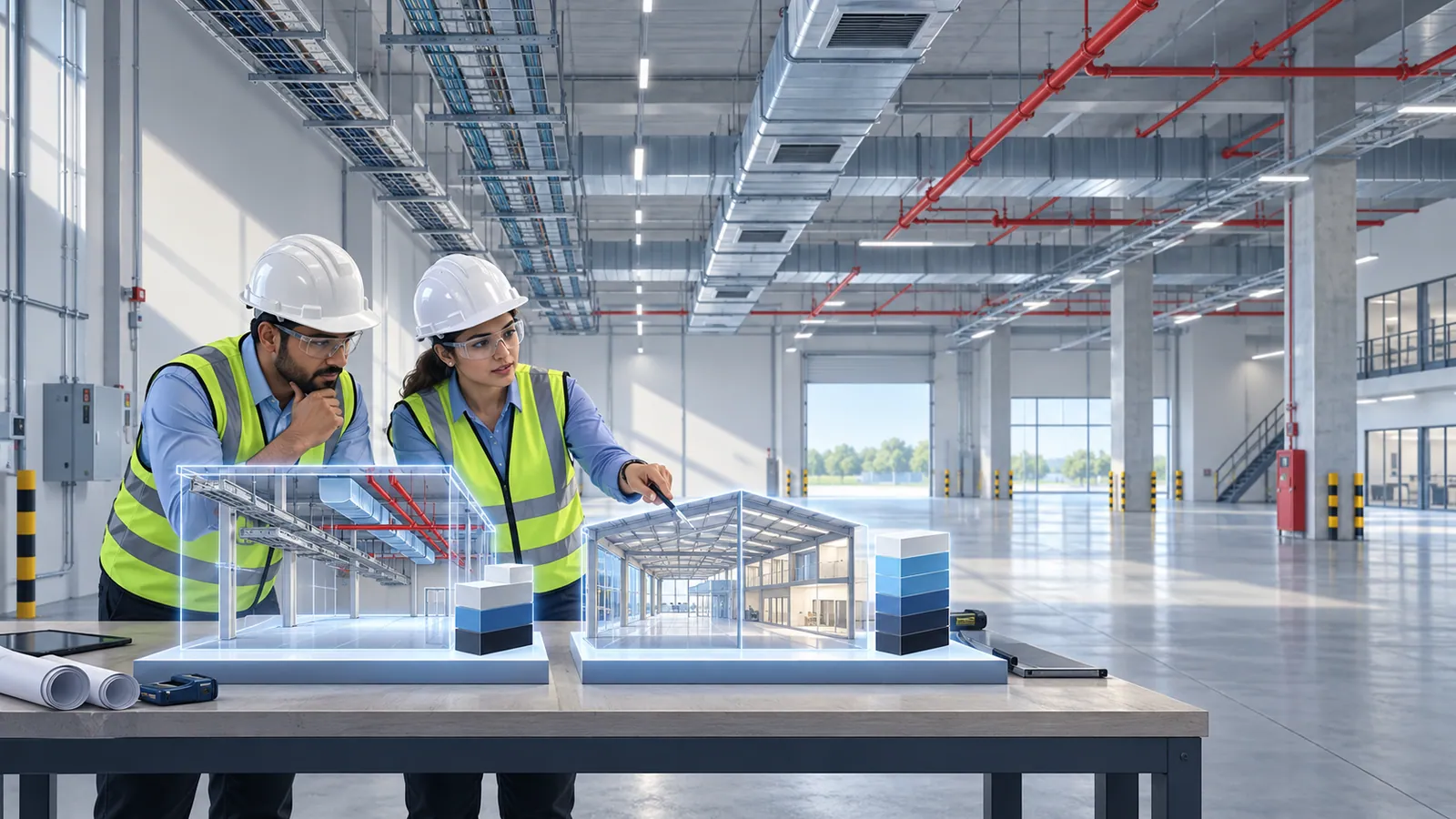 Two engineers in hard hats and safety vests compare two translucent scale models of an industrial building on a workbench, each beside a stack of blue blocks of a different height, in a factory hall with overhead cable trays, ducts and red fire pipes.