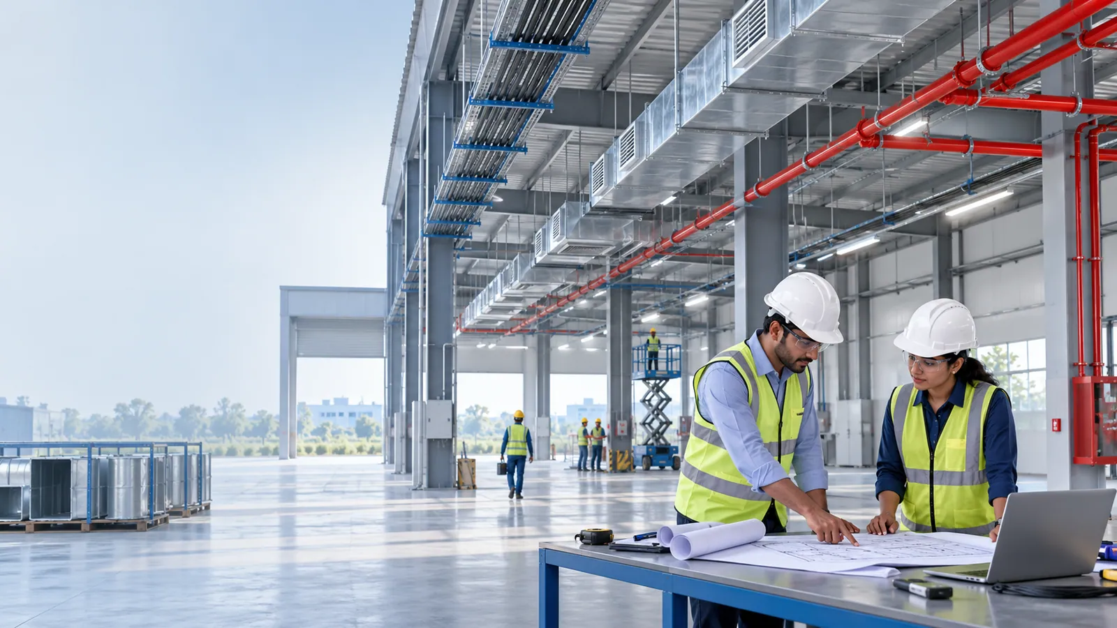 Two engineers in hard hats mark up drawings at a table in a factory hall under construction, with packaged equipment waiting on pallets, a worker on a guarded scissor lift and services being installed overhead.