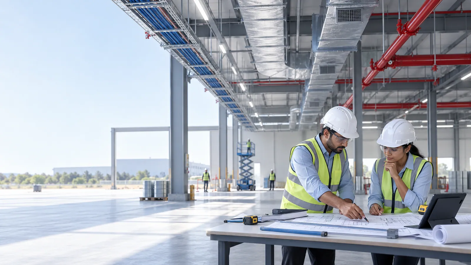 Two engineers in hard hats, safety glasses and high-visibility vests measure off printed drawings with a tape and scale at a table in a partly built industrial shed, with cable trays, ducts and red fire mains overhead and a guarded scissor lift in the background.