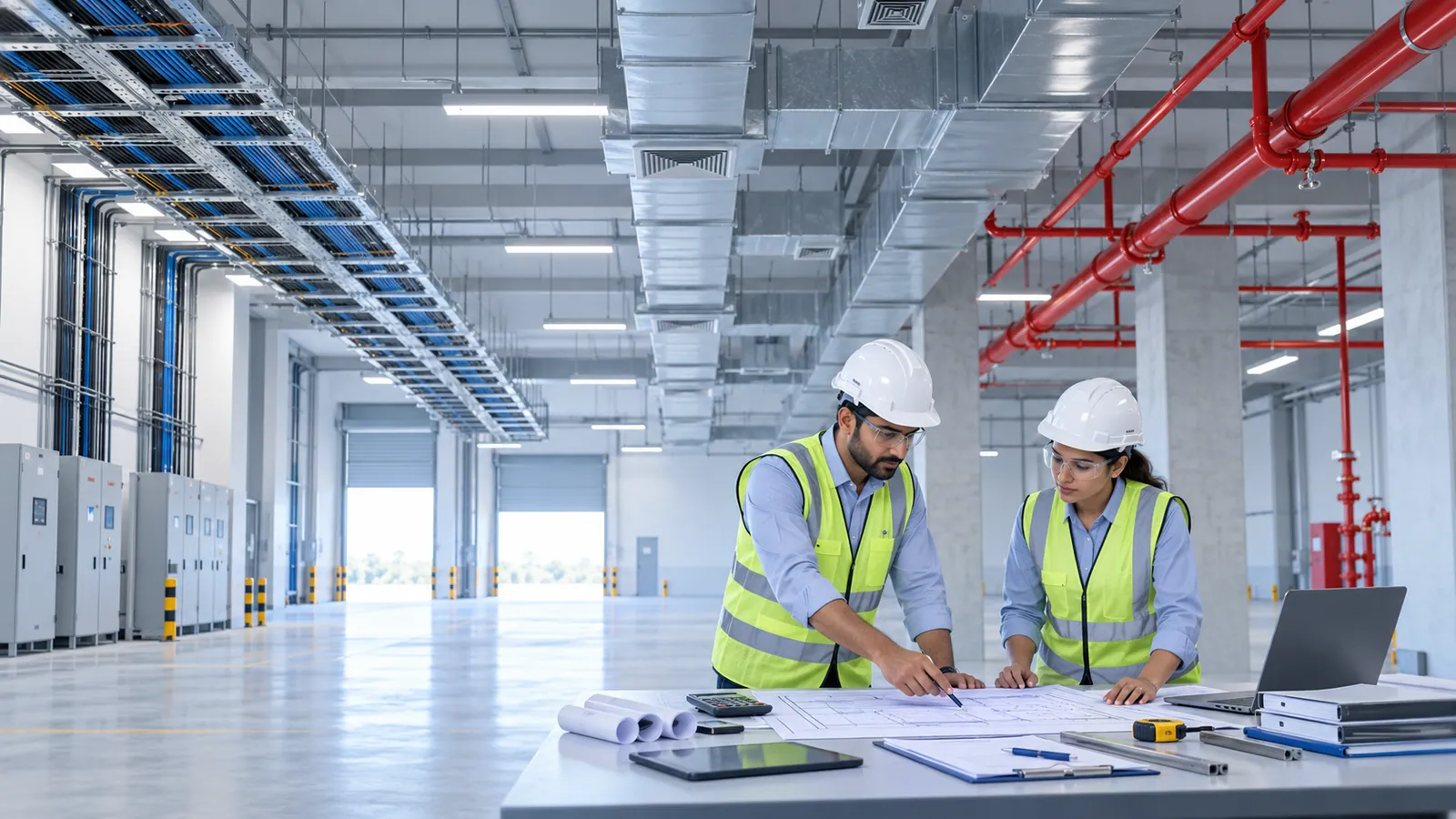 Two engineers in hard hats and high-visibility vests mark up printed drawings side by side at a long table in an industrial hall, with a laptop beside them and electrical panels, cable trays, ducts and red fire mains behind.