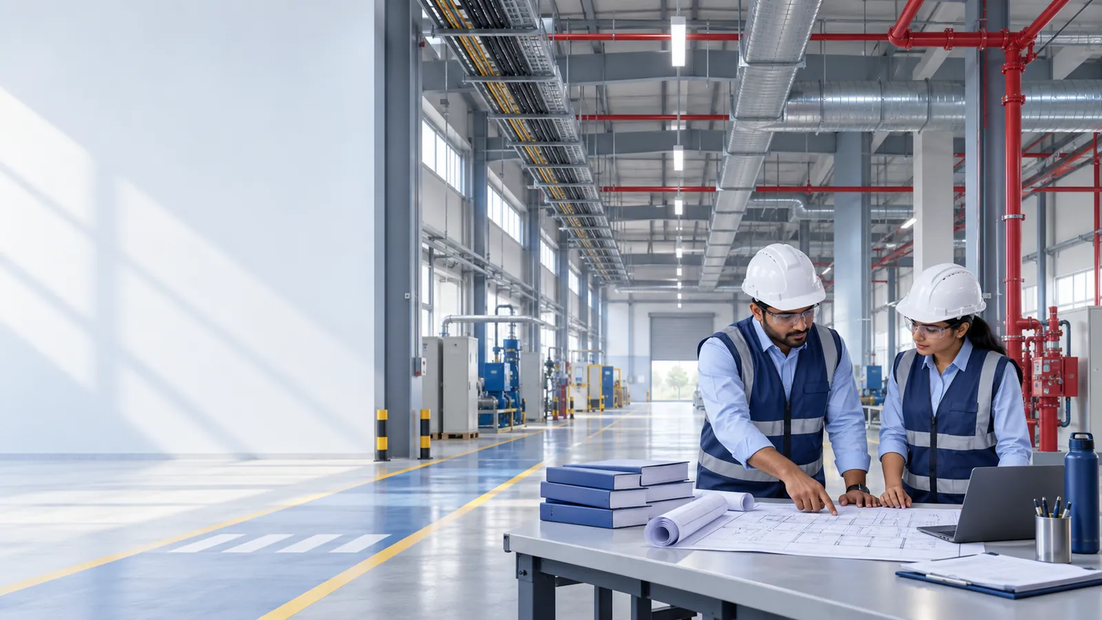 Two engineers in hard hats review drawings next to a stack of bound document folders and a laptop at a workbench in a new factory hall, with switchgear, fire mains and ducts behind.