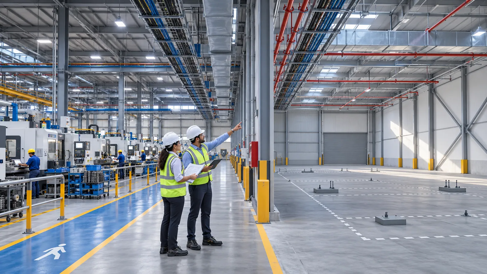 Two engineers with hard hats and a clipboard stand on a railed walkway between a running machine shop on the left and an empty expansion bay with equipment plinths on the right, one pointing up at the cable trays and service pipes overhead.