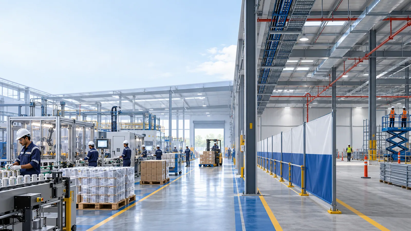 A packaging line keeps running in a factory hall beside an expansion area screened off with blue fabric barriers, where workers in hard hats stand on a guarded scissor lift under new services.