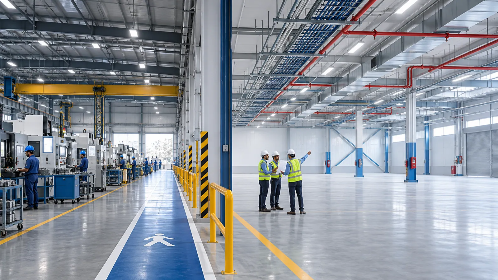 A railed walkway separates a running machine shop on the left from a finished, empty expansion bay on the right, where three people in hard hats discuss the space under new ducts and fire mains.