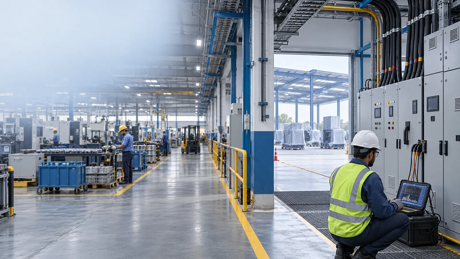 An engineer in a hard hat and reflective vest records readings on a portable power analyser beside a row of electrical panels, next to a running machine shop and a new expansion bay with equipment still wrapped.