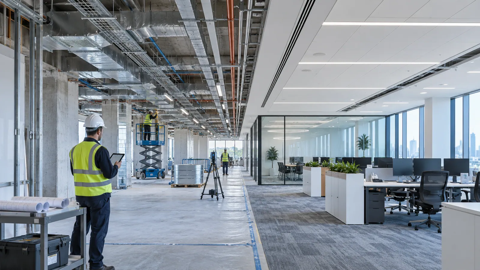 An office floor midway through renovation: on the left an open ceiling with exposed cable trays, ducts and pipes, a surveying instrument on a tripod and a worker on a guarded scissor lift; on the right a finished open-plan workspace with a closed ceiling and desks.