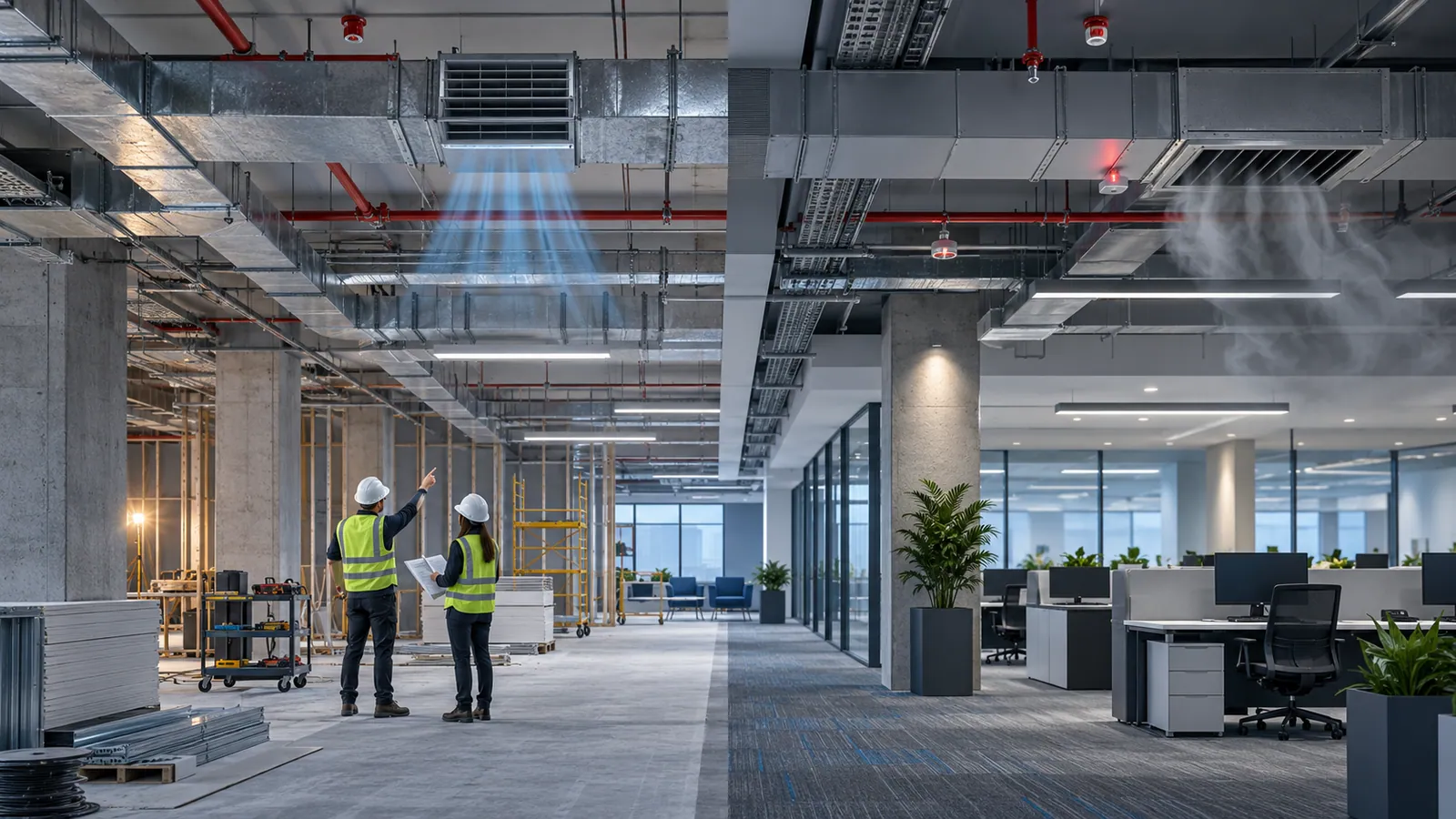 A floor shown in two modes: on the left, under an exposed ceiling, blue airflow comes from a supply diffuser while two engineers in hard hats point at it; on the right, in a finished office, a ceiling grille draws grey smoke away.