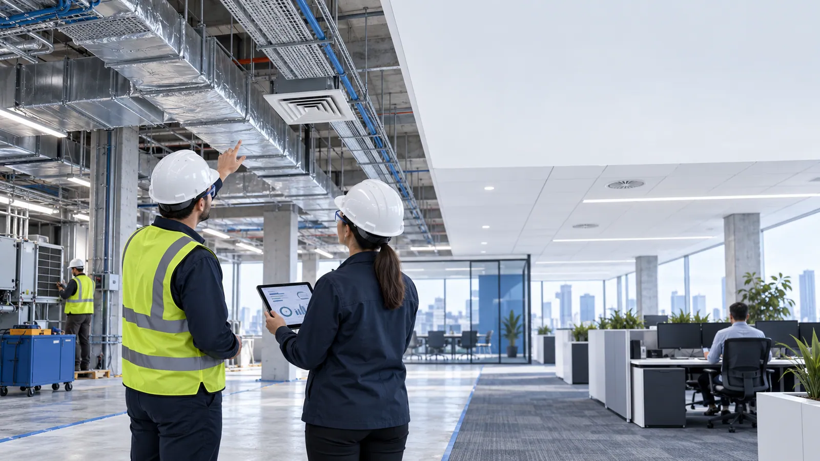 Two engineers in hard hats compare a performance chart on a tablet with the ageing ducts and plant above a stripped office zone, beside a finished open-plan office where staff are working.
