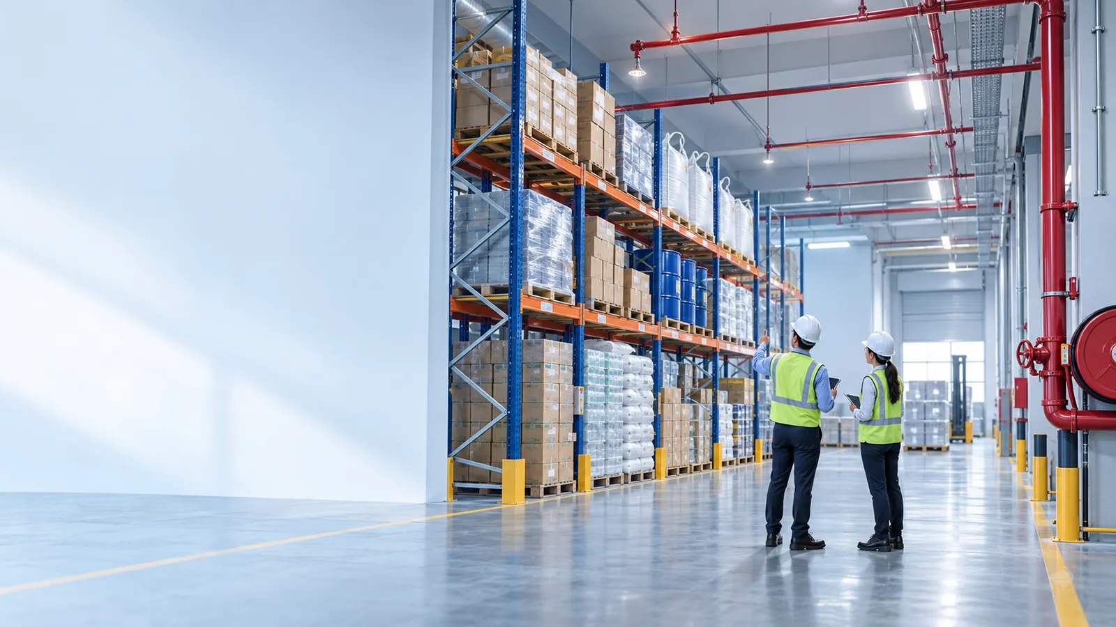Two engineers in hard hats look up at tall warehouse racking holding cartons, shrink-wrapped pallets, plastic drums and bulk bags, with red sprinkler mains along the ceiling and a hose reel on the wall.