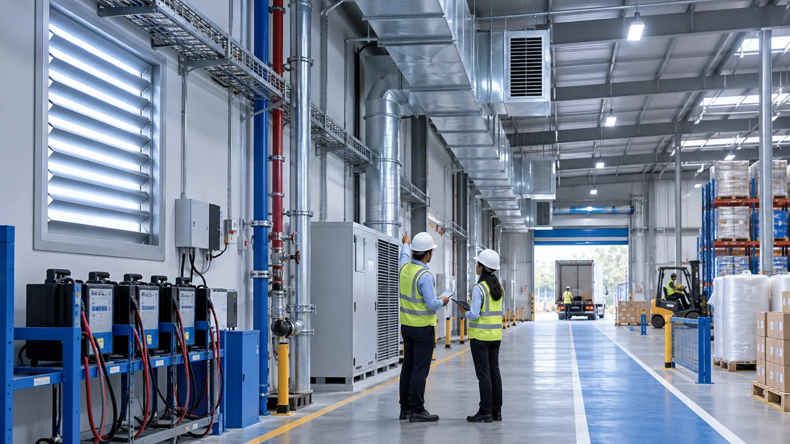 Two people in hard hats and safety vests talk in a warehouse aisle beside a battery-charging station, wall louvres and exhaust units, with forklifts and stacked goods further along.
