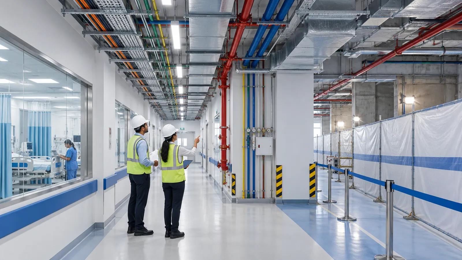Two engineers in hard hats walk a hospital service corridor lined with coloured medical-gas and water pipes, beside a ward behind glass and a works area screened off with temporary barriers.