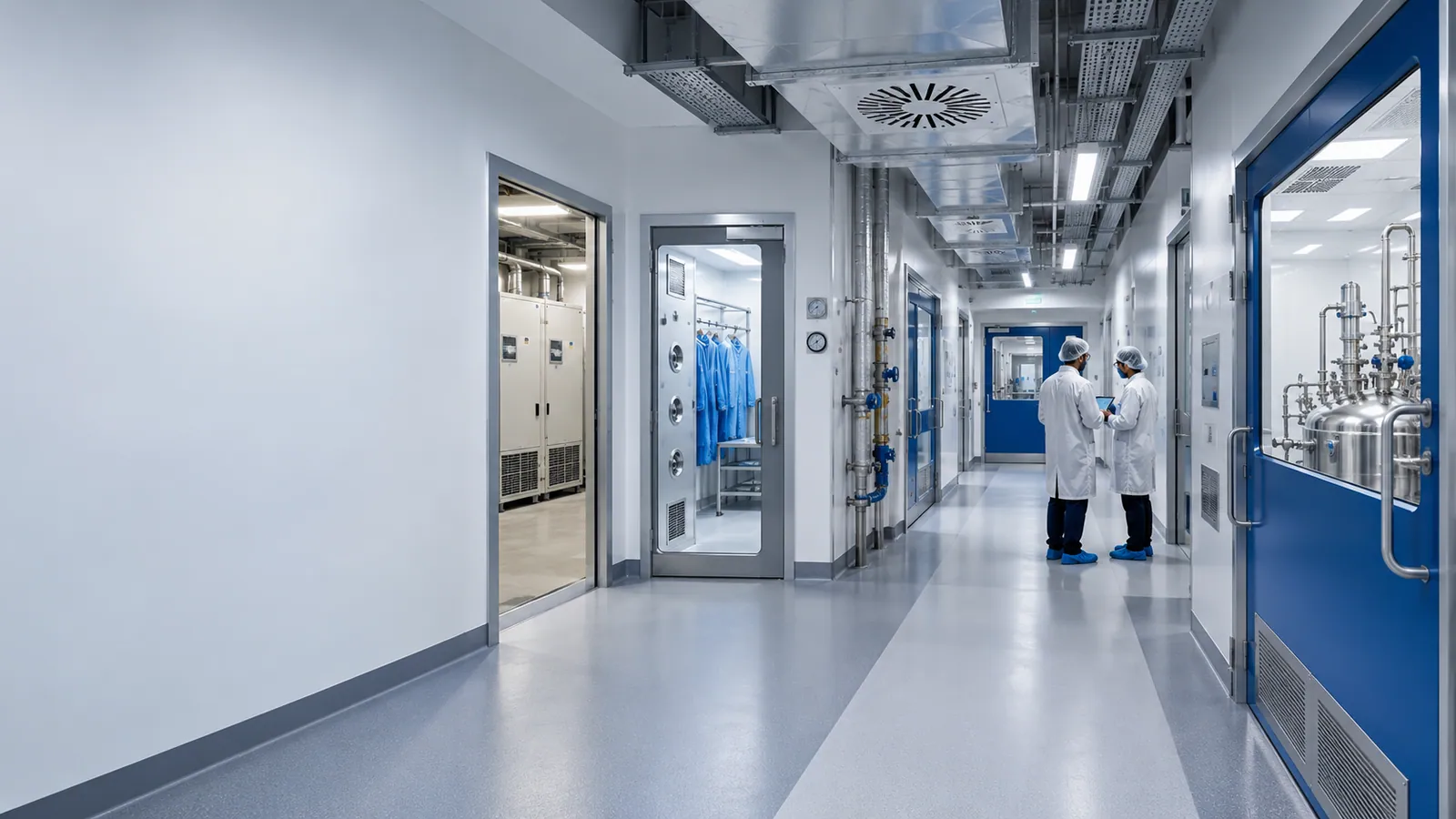 A pharmaceutical cleanroom corridor with a gowning room of hanging garments, an interlocked door, and a process room with stainless-steel vessels behind a glass panel, where two people in cleanroom gowns and hairnets talk.