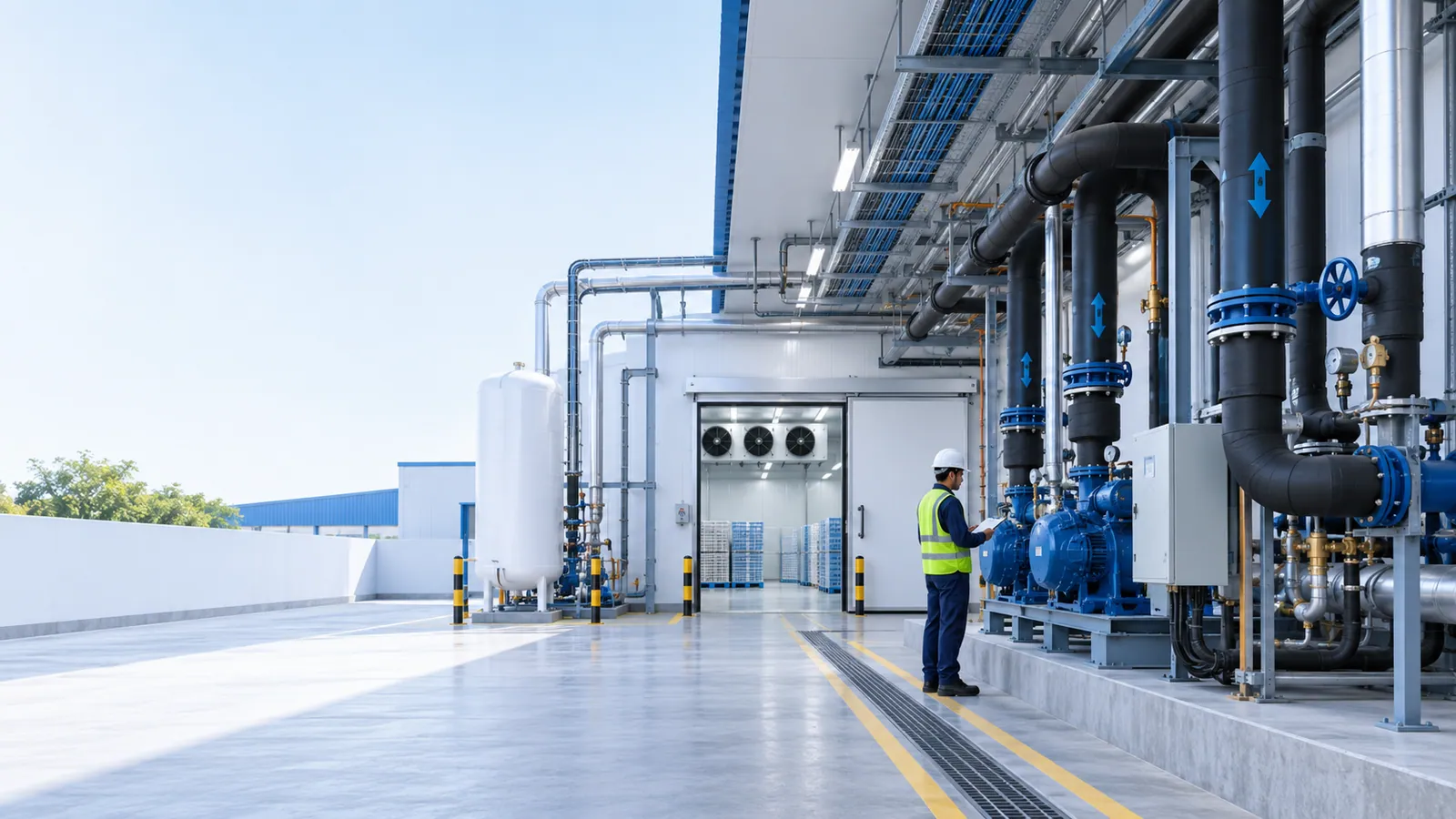An engineer in a hard hat walks a refrigeration plant corridor past insulated pipework and pump sets towards an open cold-room door with evaporator units and pallets of goods inside.