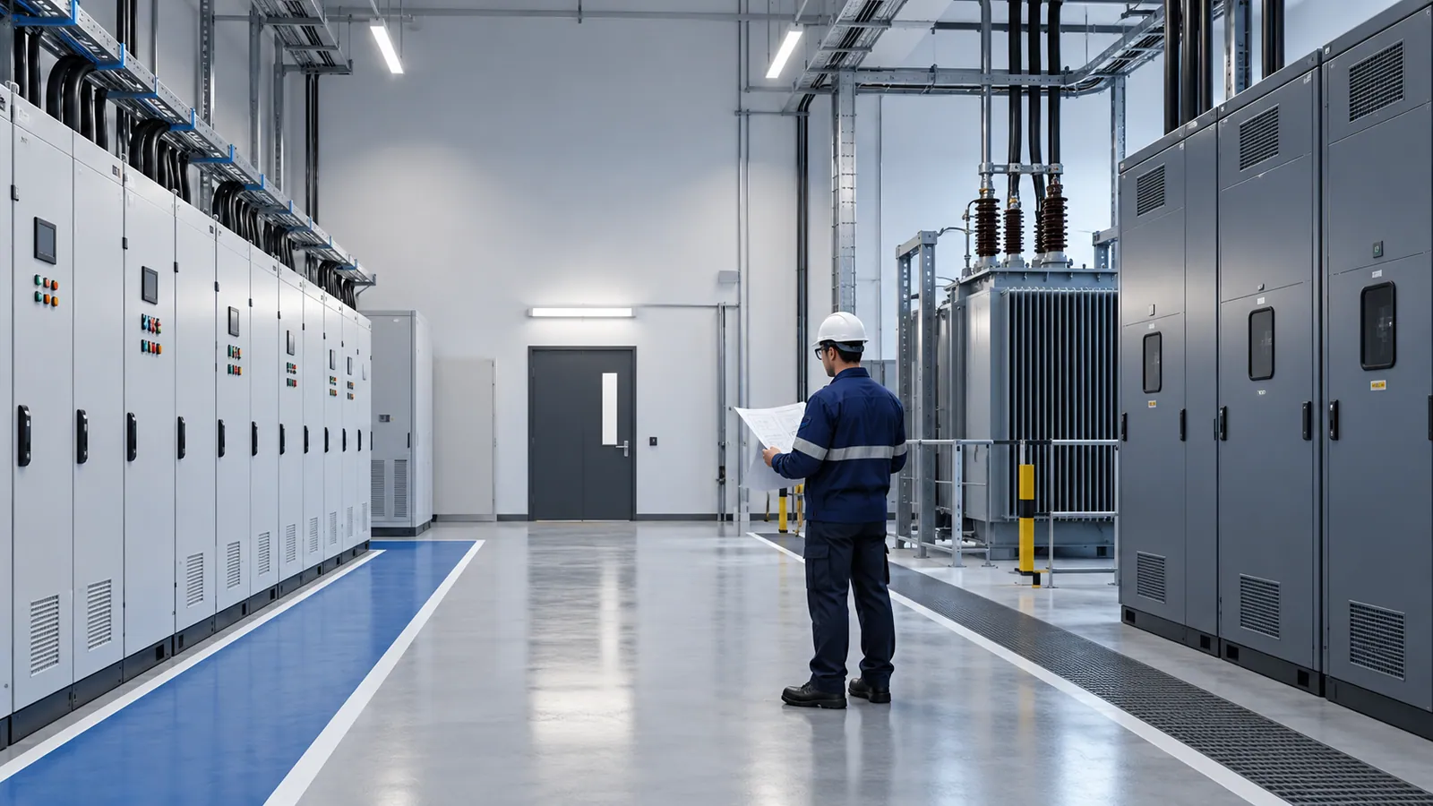 An engineer in a hard hat reads a drawing in an electrical room between a row of low-voltage panels and a transformer with high-voltage bushings behind a barrier, with more panels on the right.