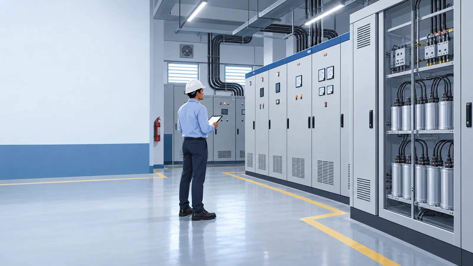 An engineer in a hard hat holds a tablet behind a yellow floor line in an electrical room, facing a row of closed panels and a capacitor-bank cabinet whose glazed door shows rows of capacitor cans.
