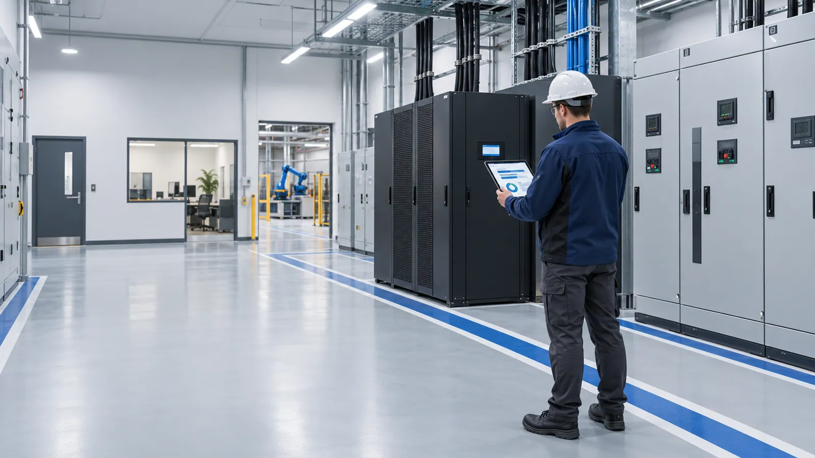 An engineer in a hard hat holds a tablet showing a chart in an electrical room between black UPS cabinets and grey panels, with windows onto an office and a production area with a robot arm.
