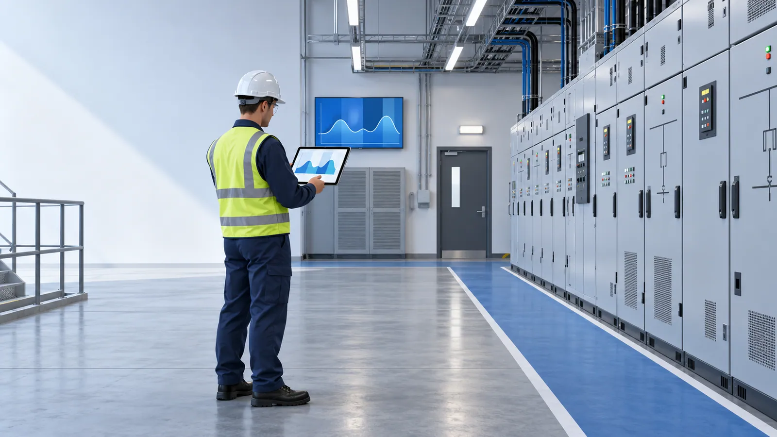 An engineer in a hard hat and high-visibility vest studies a load curve on a tablet in an electrical room, with a matching curve on a wall screen and a long row of closed switchgear panels.