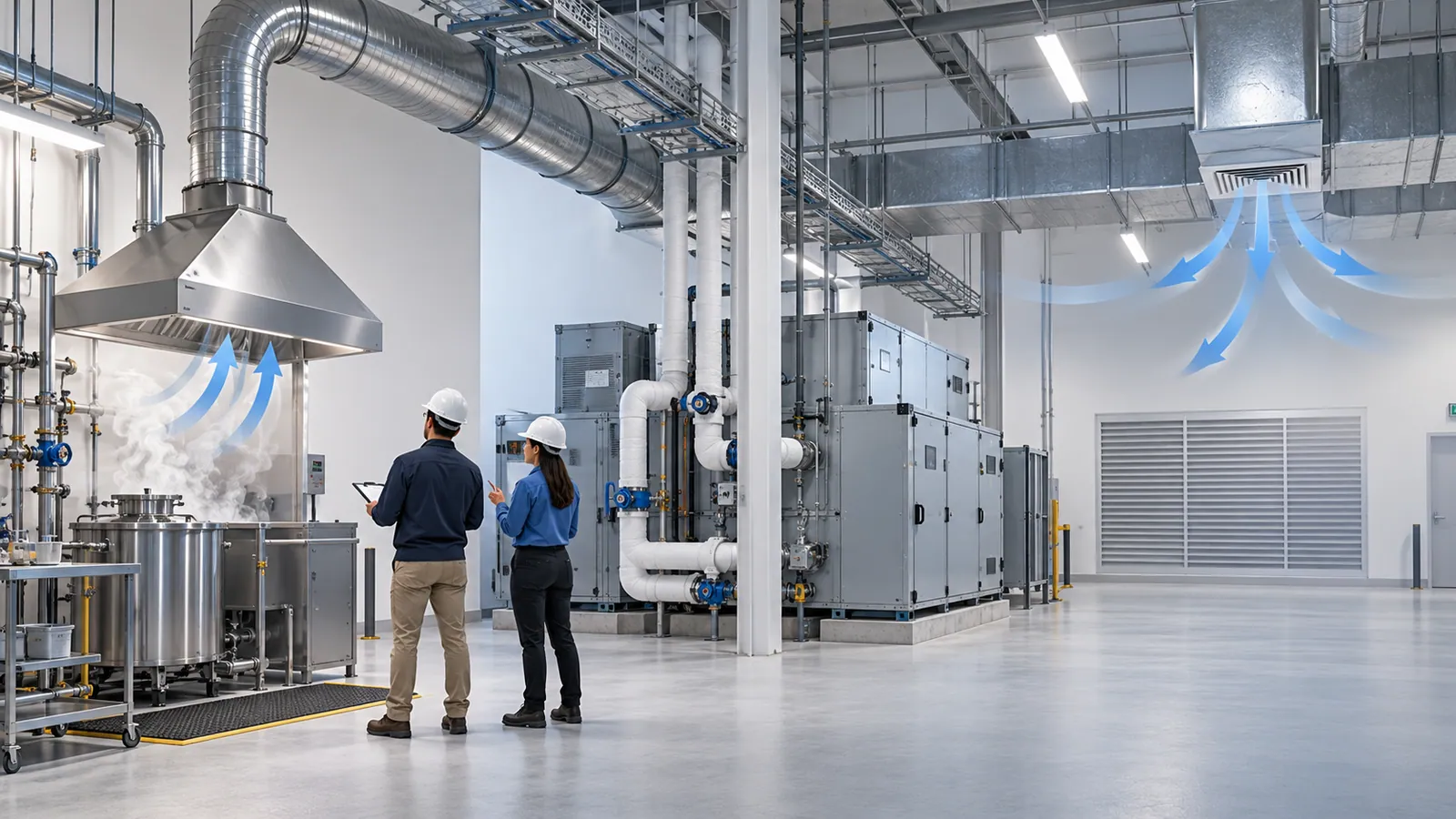 Two engineers in hard hats stand between a capture hood drawing vapour up from a process vessel on the left and a ceiling diffuser spreading general air on the right, with air-handling units and ductwork behind.