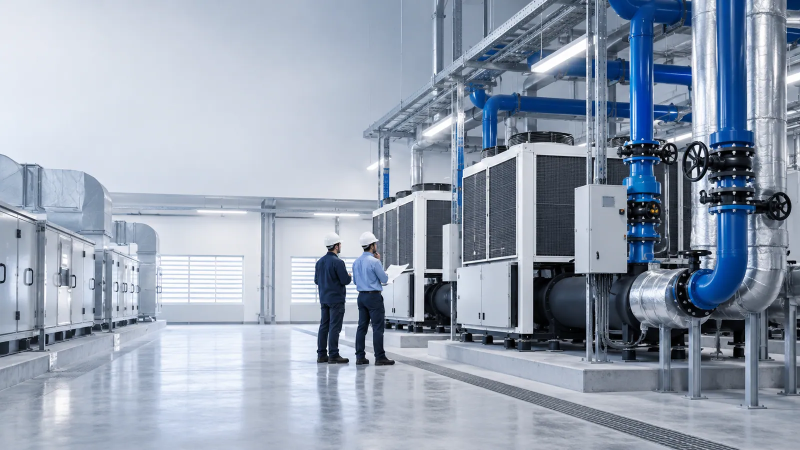 Two engineers in hard hats review a document in an HVAC plant room between a row of air-handling units and air-cooled chillers with insulated blue chilled-water pipes and valves.
