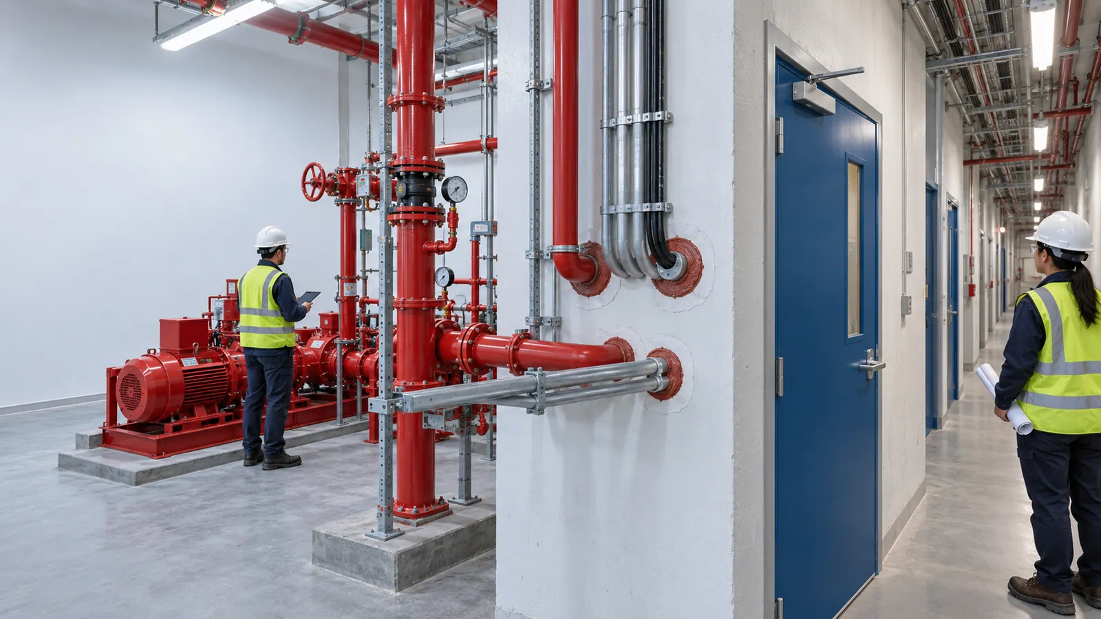 Red fire-service pipes and grey conduits pass through a wall with sealed collars around each opening, beside a fire door with a vision panel, while one engineer checks the pump room and another looks down the corridor.