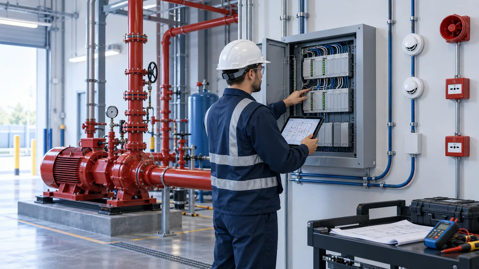 An engineer in a hard hat holds a tablet at an open fire-alarm control panel lined with loop modules, beside wall-mounted detectors and red manual call points, with test equipment on a trolley and fire pumps behind.