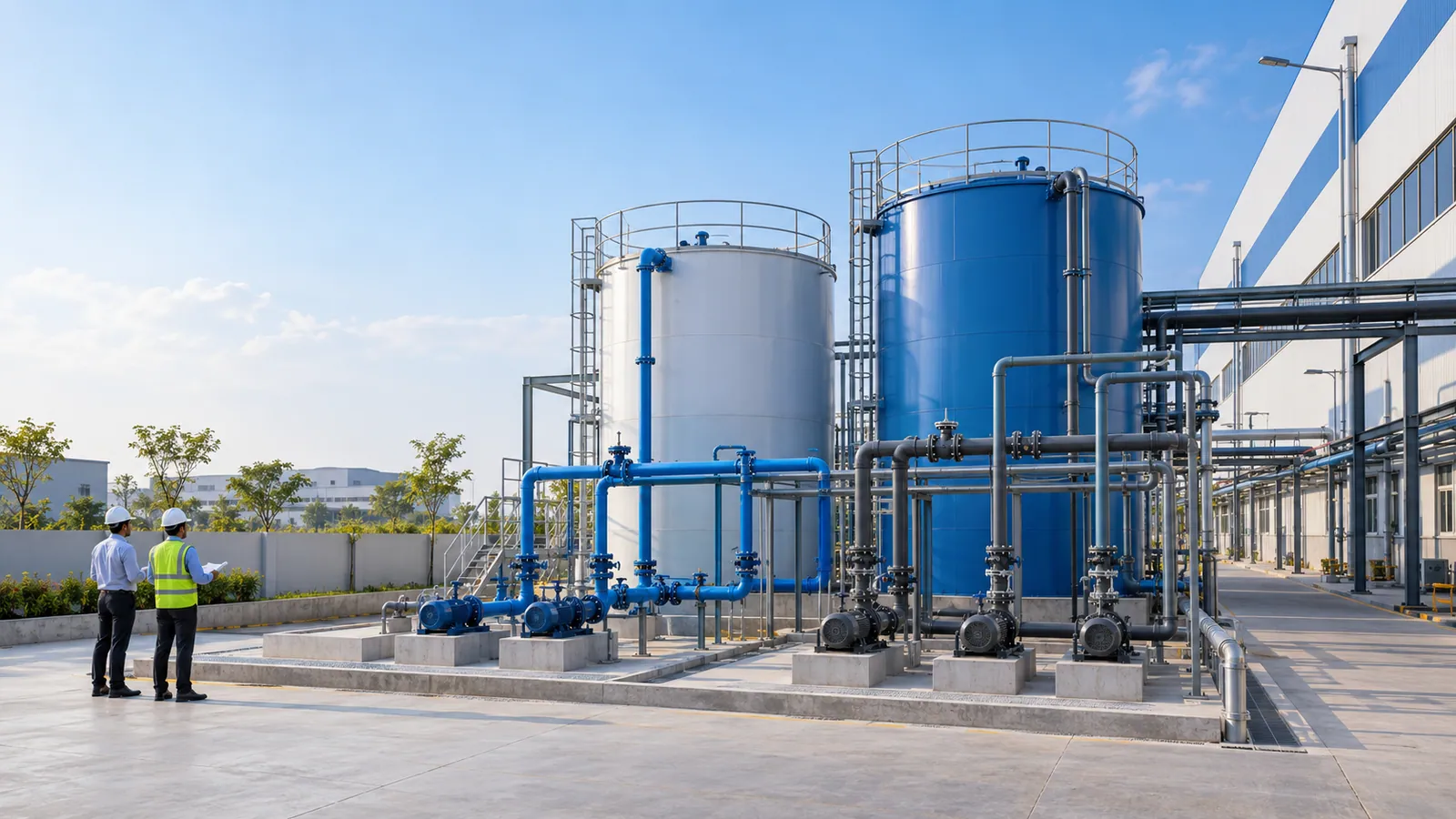 Two engineers in hard hats look over a factory water yard with two storage tanks, one white and one blue, each fed by its own set of pumps and pipework on concrete plinths.