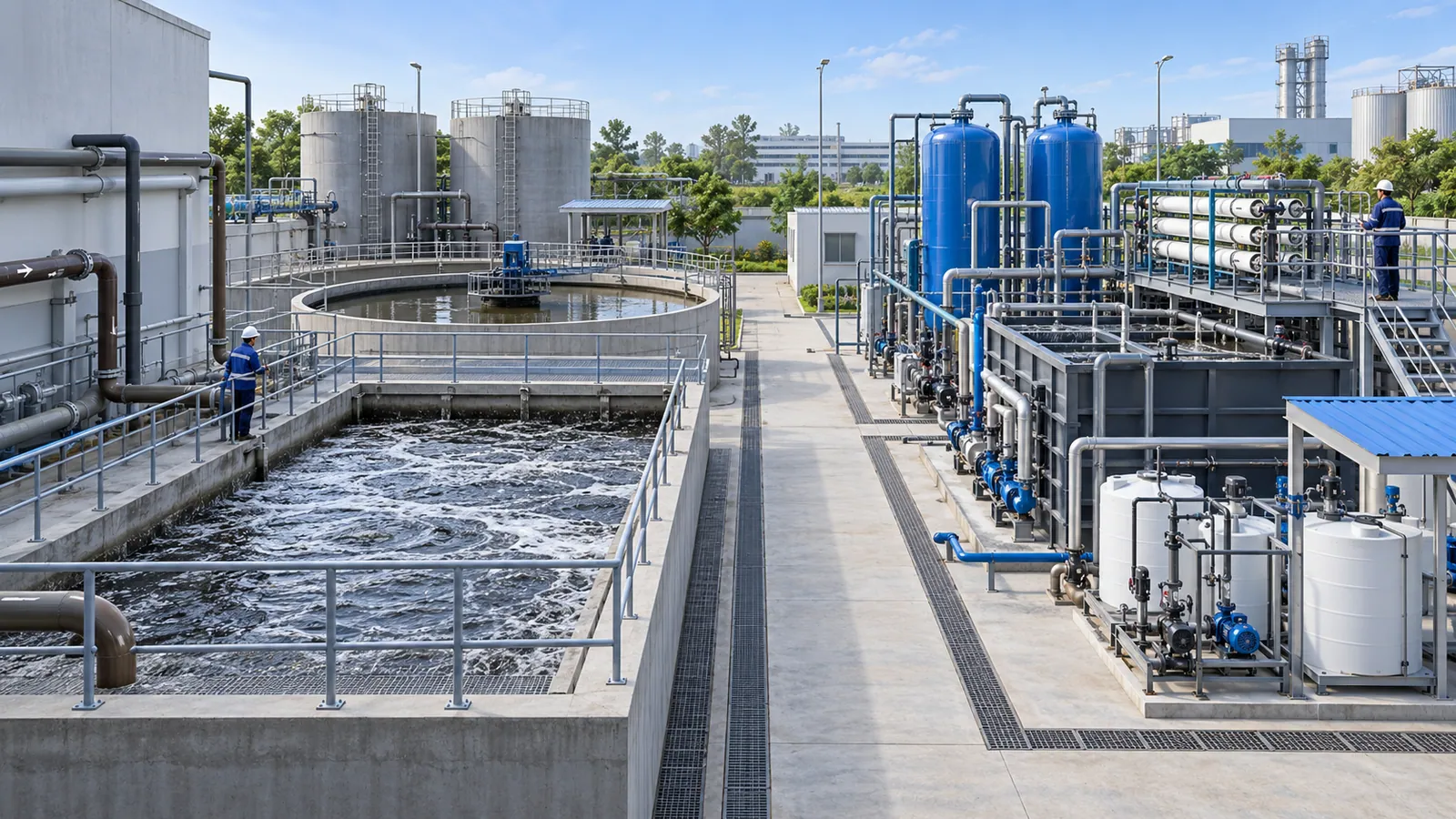 An industrial wastewater area with a railed aeration tank and clarifier on the left and a separate process-effluent treatment skid with chemical dosing tanks and membrane units on the right, two workers in hard hats on the walkways.
