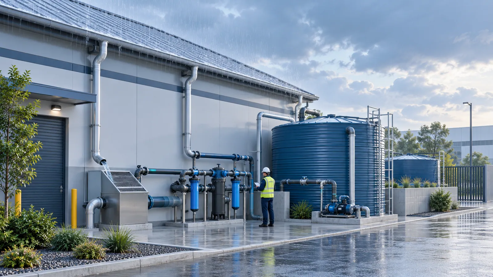 Roof downpipes on an industrial building feed a filter chamber and pipework to a large blue storage tank with pumps, on paving still wet from rain, while a worker in a hard hat and high-visibility vest inspects the system.